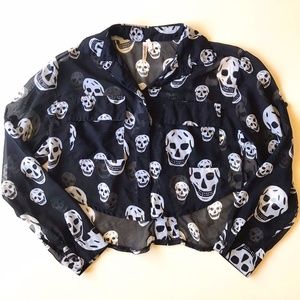 36 Point 5 Sheer Skull Long Sleeve Button Down Asymmetrical Top Size M